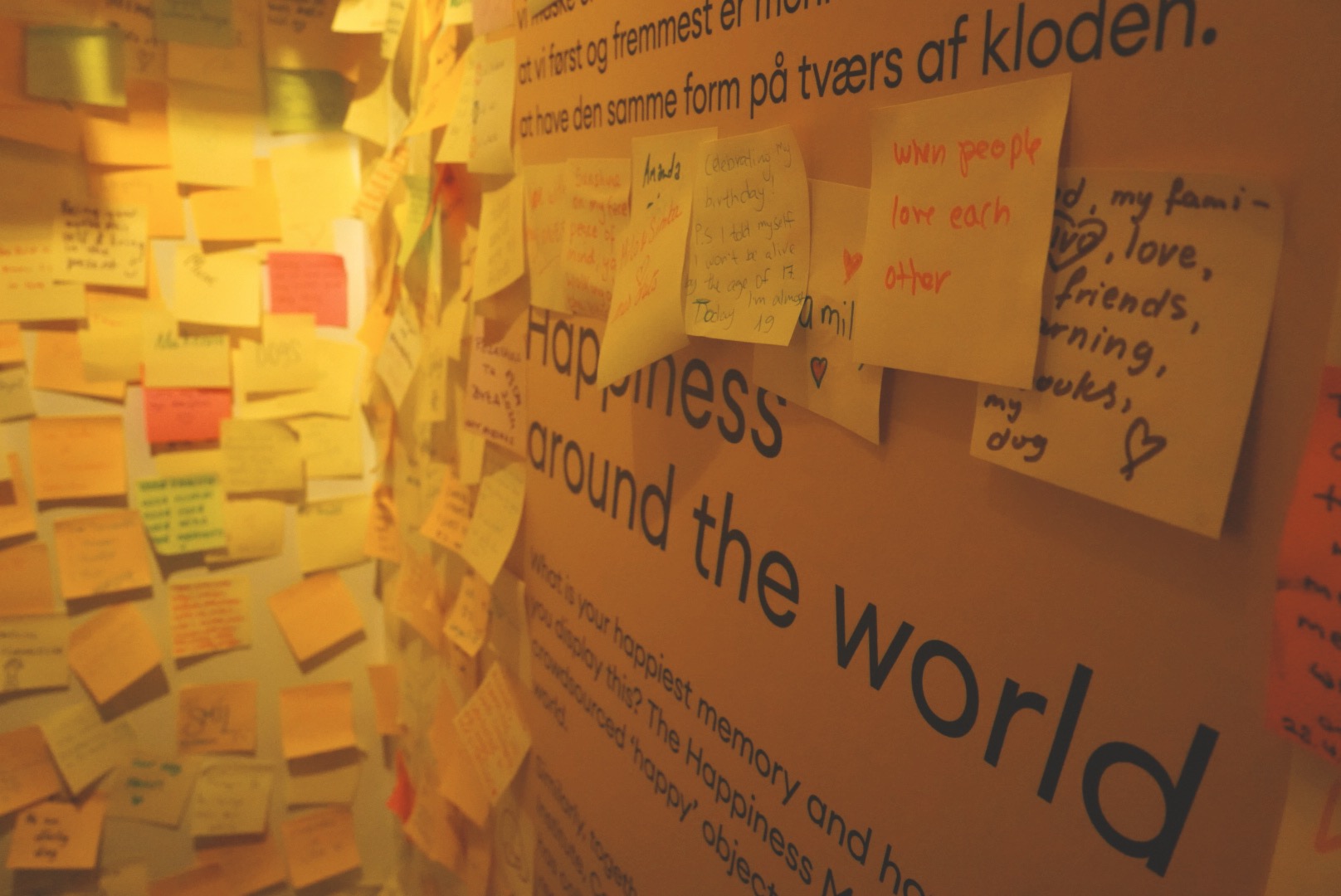 A wall full of post-its with meaning of happiness written on them. On the wall writes "Happiness around the world"